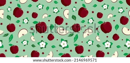 Seamless endless vector pattern of burgundi apples, blossoms and leafs. Fruit green background Stock fotó © 
