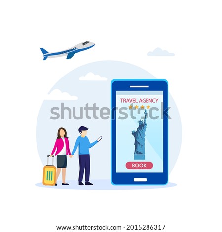 Travel agency vector concept: Young couple making reservation in travel agency app to new york. 