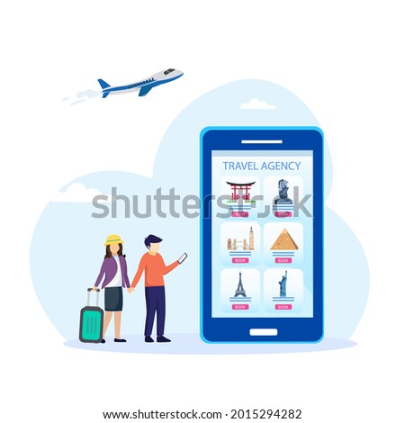 Travel agency vector concept: young couple making a reservation in a travel agency application. 