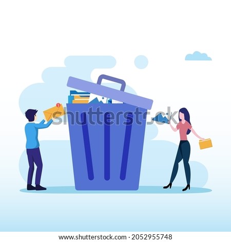 Delete concept. Cleaning digital memory. People character deleting data and move unnecessary files to the trash bin. Flat vector template Style Suitable for Web Landing Page.