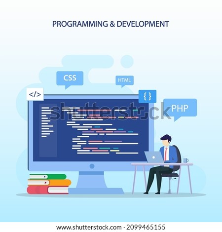 Programmers at work concept, People work on table using laptops programming and coding, programming languages. css, html, PHP, ui. Flat vector template style Suitable for Web Landing Pages.