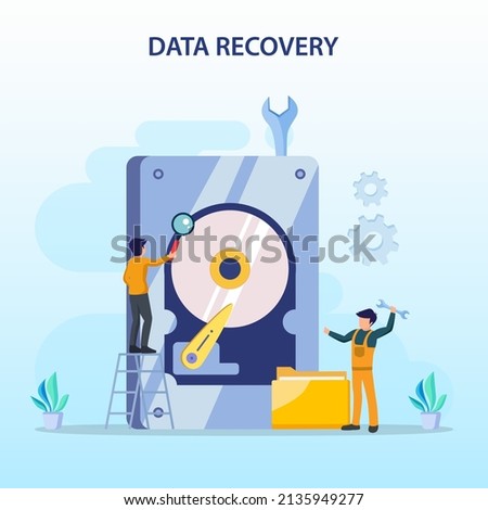 flat vector concept of data recovery services, data backup and protection, hardware repair.