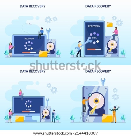 flat vector concept of data recovery services, data backup and protection, hardware repair.	