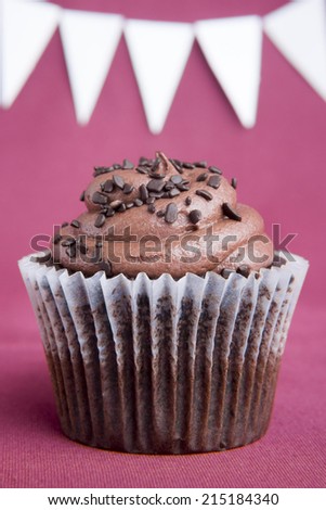 Chocolate cupcake on hot pink background and white banner