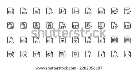 File format icon. Document file format folder pdf doc xls jpg zip txt png json ppt csv xml ai mp3 mp4 html psd css js avi svg. can be used for web, logo, UI,UX
