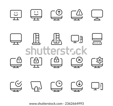 Computer icon, technology related line icon set. Data transfer, computer lock, computer set up, setting and computer options linear vector icon collection.