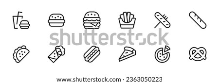 Fast food icons. Burger, fries, pizza, hotdog, subways, sub, sausage, pizza slice. Vector graphic illustration. Suitable for website design, logo, app, template, and ui.