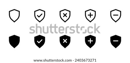 sheild icons. sheild verified, add, remove, minus icon. Editable Stroke. Line, Solid, Flat Line, and Suitable for Web Page, Mobile App, UI, UX design.