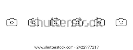 Camera icon set. Front, back camera, switch from front to back camera, no camera, smile, Selfie, no picture outline flat icon for apps icon vector on white background