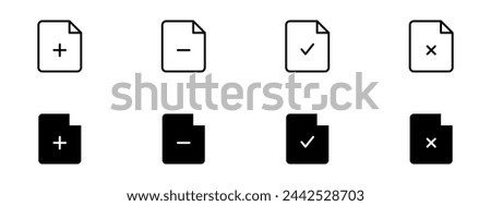 Document file paper icon. Add or delete file. File yes no. Checkmark icon. Documents icon. Editable stroke. Vector illustration.