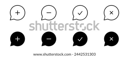 Message icon set. Email and Chat plus, minus, right, wrong, comment plus, comment minus, comment upload, comment download, chat box, chat, communications. Editable stroke. Vector illustration.