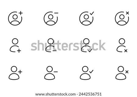 Add and remove user icons. Person icons with plus and minus symbols. Editable stroke. Vector illustration