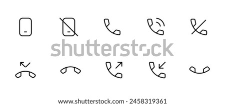 Phone call icons. sign such as incoming call, outgoing calls, silent, mute, global calls, online support, ringing, hangup, hold, call rejected, mobile phone. Editable Stroke vector illustration 
