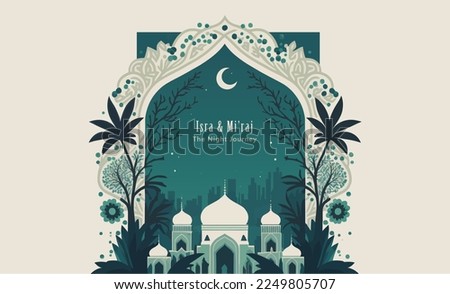 flat design Isra Miraj with moon, the night journey prophet Muhammad, background.