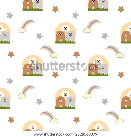 Three brothers bear cartoon so cute. On rainbow star grass white background. Pattern seamless vector illustration. 
