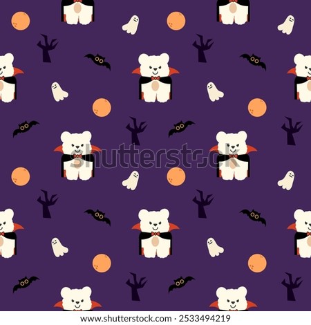 Dracula polar bear cartoon so cute. On tree bat moon ghost purple background. Pattern seamless vector illustration. 
