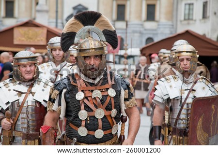 Ljubljana, Slovenia - August 22, 2014: Men dressed as roman warriors on Ave Emona event in Ljubljana, Slovenia.