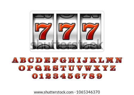 Slot machine with lucky seventh jackpot, 777. Slot machines retro font, letters and numbers, vector illustration