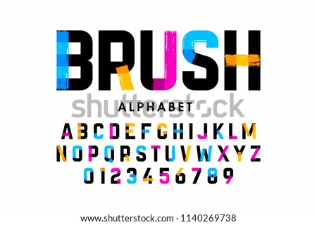 Paint brush stroke font, alphabet letters and numbers vector illustration 