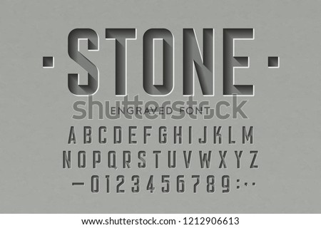Engraved on stone font, alphabet letters and numbers vector illustration