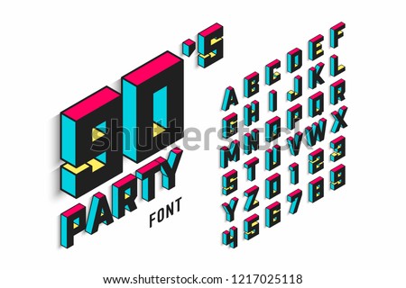 Isometric 3d font, back to the 90's alphabet letters and numbers, vector illustration
