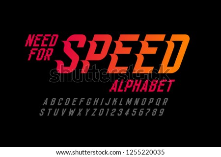 Speed style font, need for speed alphabet letters and numbers vector illustration