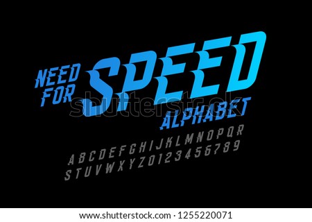 Speed style font, need for speed alphabet letters and numbers vector illustration