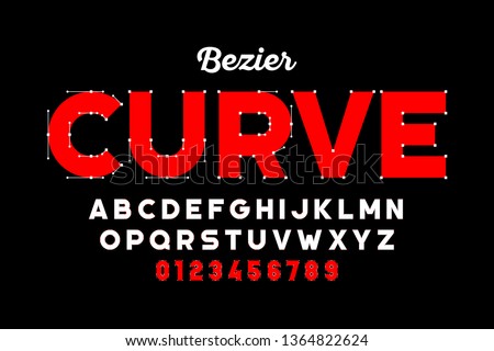 Bezier curves style font design, alphabet letters and numbers vector illustration