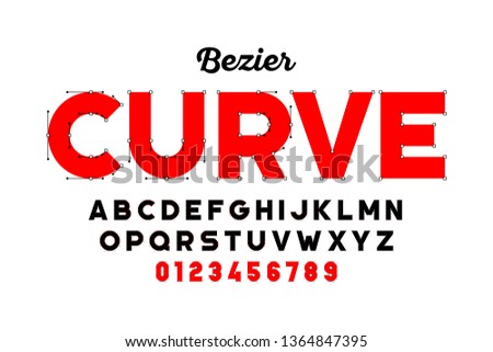 Bezier curves style font design, alphabet letters and numbers vector illustration