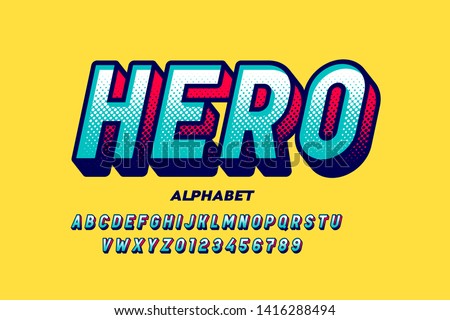 Comics super hero style font, alphabet letters and numbers vector illustration