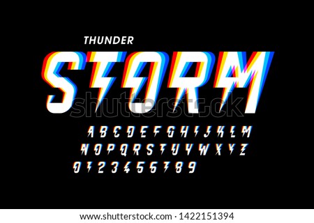 Thunder storm style font design, alphabet letters and numbers vector illustration