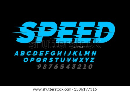 Speed style font design, alphabet and numbers, vector illustration
