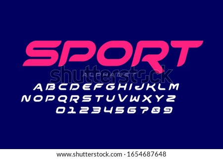 Sport style font design, all caps alphabet letters and numbers vector illustration