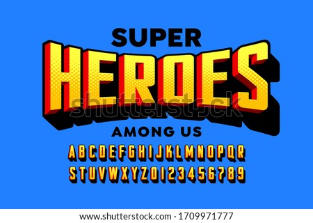 Comics super hero style font design, alphabet letters and numbers vector illustration