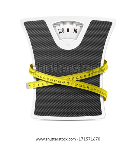 Bathroom scale with measuring tape. Vector.