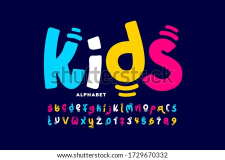 Kids style colorful font design, playful childish alphabet, letters and numbers vector illustration