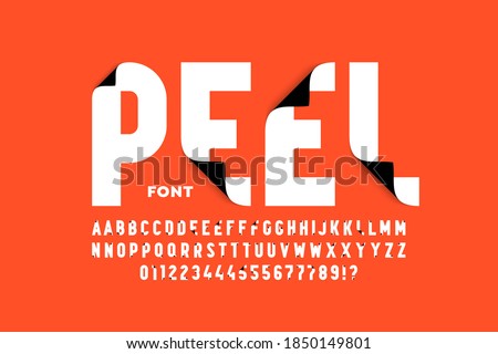 Peeled style font design, peel off alphabet letters and numbers vector illustration