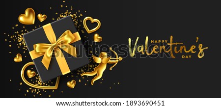 Valentine's Day banner. Romantic 3d composition made of black gift box with a red bow, gold jewelry hearts and Cupid on black background vector illustration