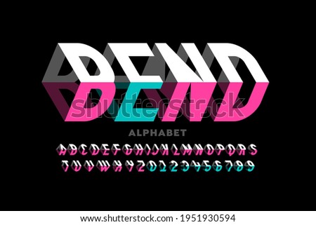 Bending 3D style font design, typography design, alphabet letters and numbers vector illustration