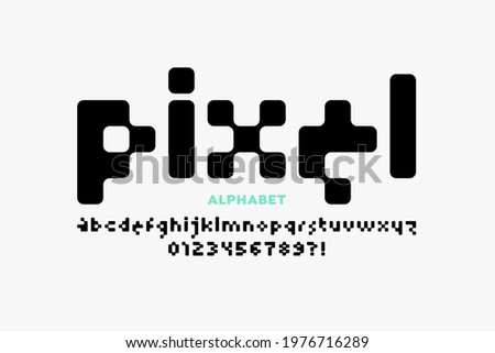 Pixel style font, alphabet letters and numbers, vector illustration