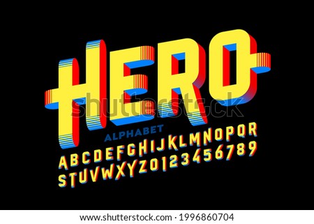 Super Hero style comics 3d font, alphabet letters and numbers vector illustration