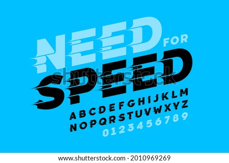 Speed style font design, need for speed alphabet, letters and numbers vector illustration