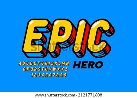 Epic Hero Comic Book style font disign, alphabet letters and numbers vector illustration