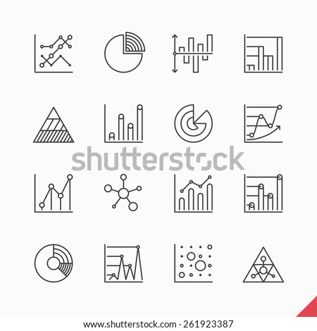 Thin linear business data market Infographic elements icons set with variety of bar, pie, area charts vector illustration