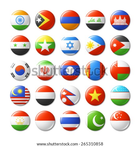 World flags round badges. Asia. Vector illustration.