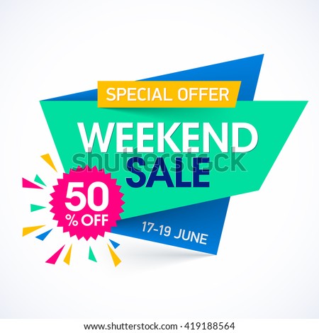Weekend sale special offer banner, up to 50% off. Vector illustration.