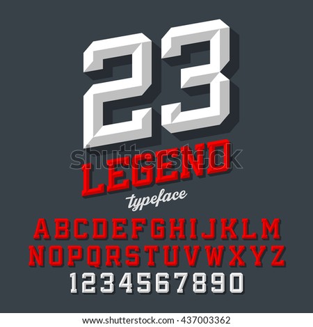 Legend typeface. Beveled sport style retro font. Letters and numbers, vector illustration.