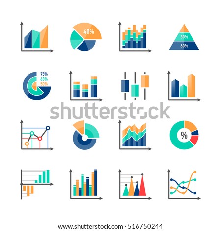Business data market infographic elements icons set with variety of bar, pie, area charts. Vector illustration.