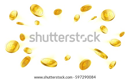 Explosion of gold coins with place for text on white background, vector illustration