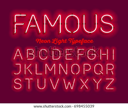 Famous, neon light typeface. Red modern neon tube glow font, vector illustration.